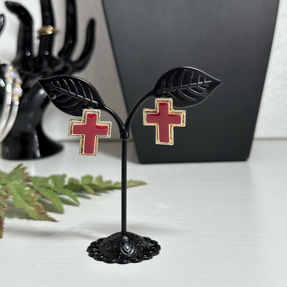 Antique Rare Red Cross Enamel Earrings
